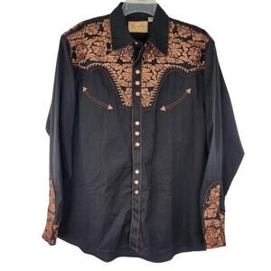 Scully Black Pearl Snap Western Shirt Brown Embroidery Men's Medium Cowboy